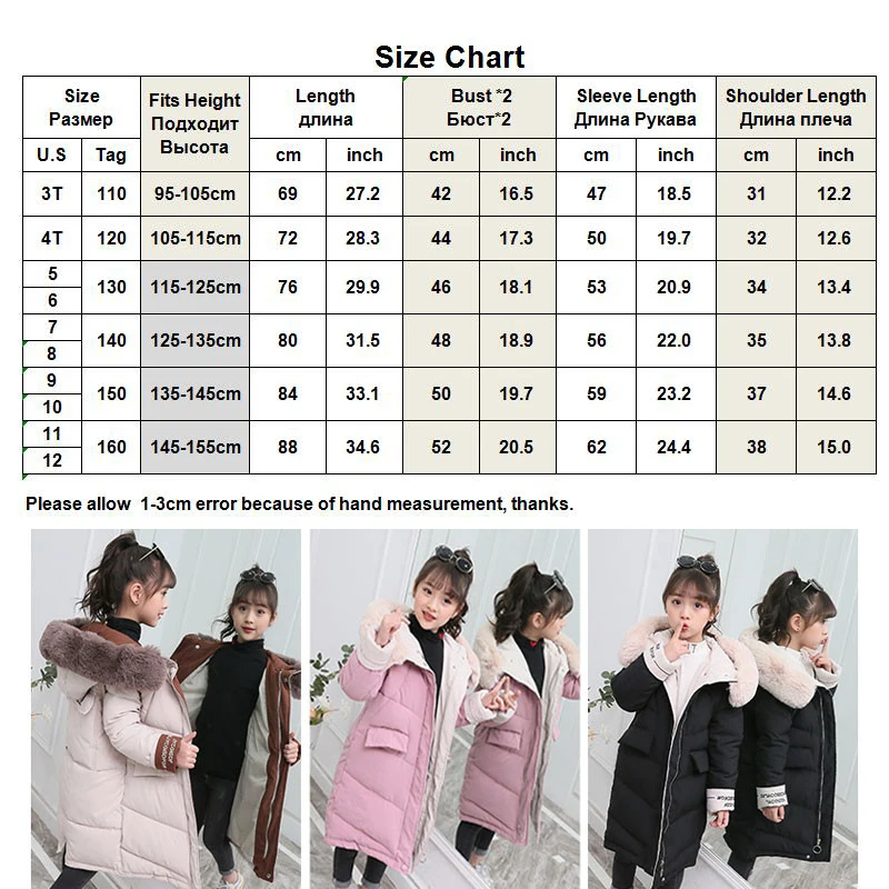 

Winter Girls Thick Warm Coat Padded with Down Cotton Faux Fur Big Collar Hooded Parka Jackets Russian Snow-wear Children Clothes