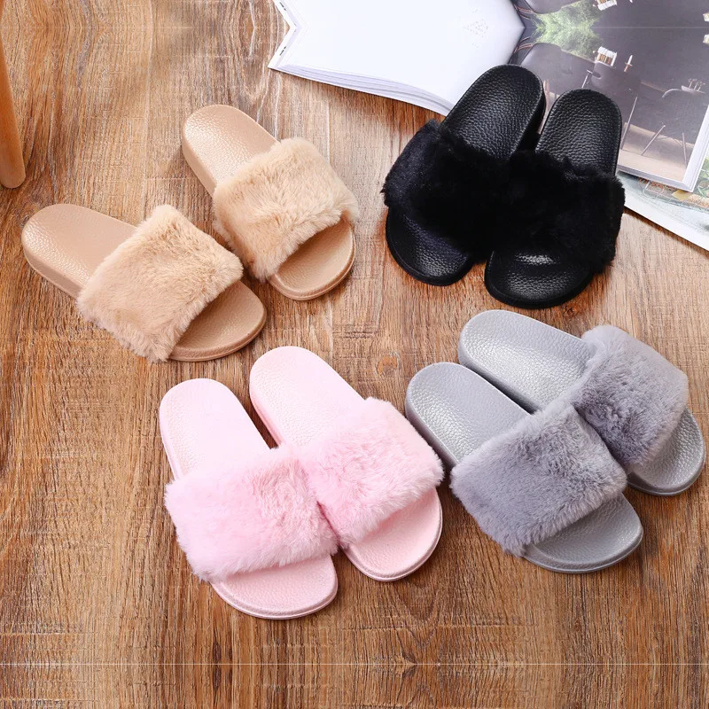 

Faux Furry Slippers Flat Warm Slippers Women Pantoffels Dames Winter Footwear New Winter Non-slip Soft Indoor Slippers Homeshoes