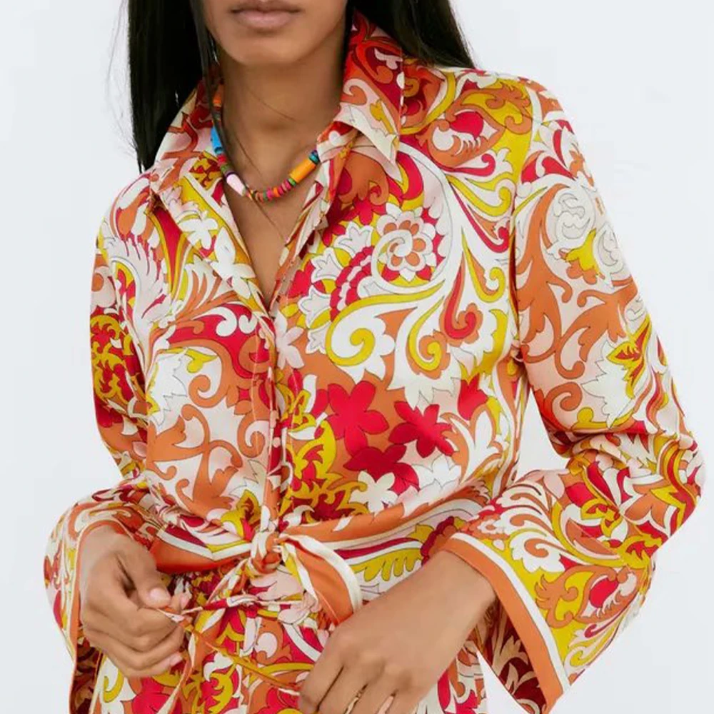 

2021 Za New Women Fashion Knot decoration Floral Print Blouses Vintage Long Sleeve Button-up Female Shirts Blusas Chic Tops