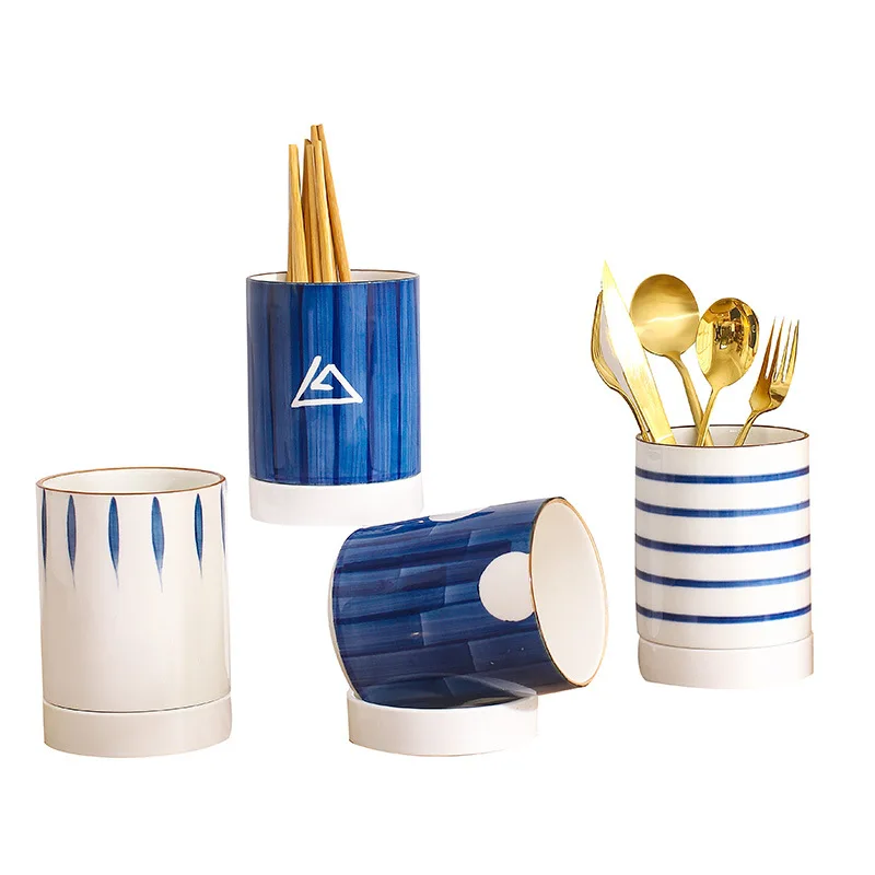 

hand-painted ceramic chopsticks tube multifunctional drain retro style household chopsticks cage kitchen storage chopsticks cage