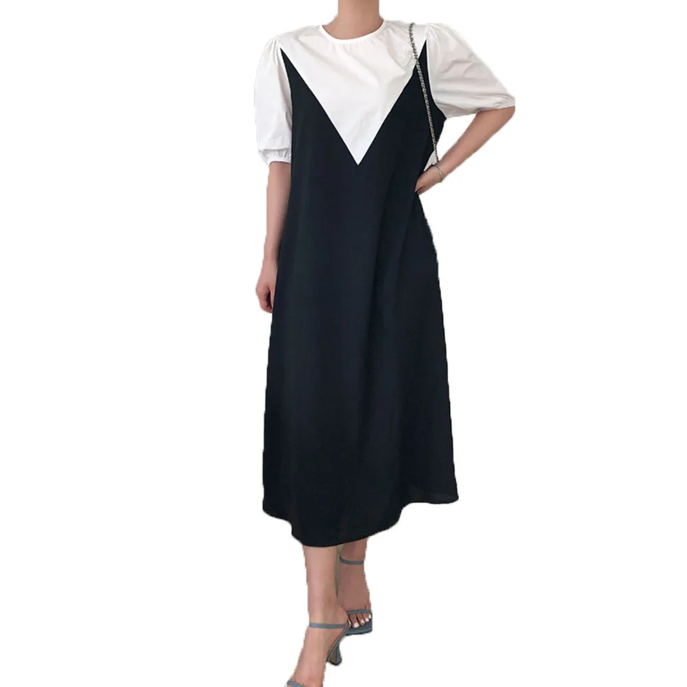 

2021 Summer New Korean Fashion Color Contrast Splicing Simplicity Round Neck Puff Sleeve Temperament Casual Women's Dress