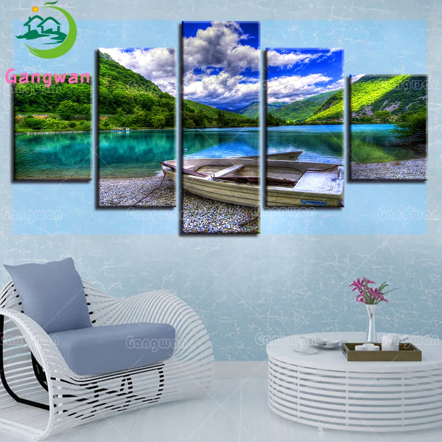 

5 Piece Mountain Lake Ship And Blue Sky White Cloud Scenery DIY Diamond Painting Full drill Diamond Embroidery Mosaic Home Decor