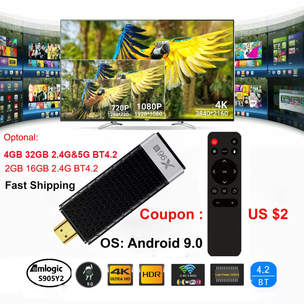 X96S 4K TV Dongle Android 9.0 Tv Stick Amlogic S905Y2 Quad Core LPDDR4 2G 16G Mini PC 2.4G Wifi BT4.2 1080P HD Miracast Media