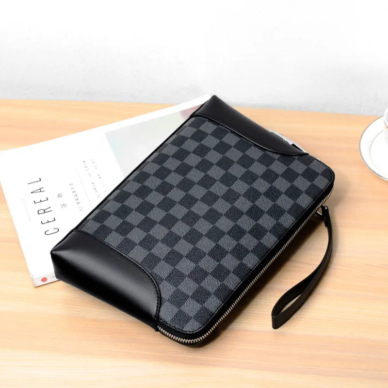 

Luxury Designer Men Clutch Bag Checked Leather Fashion Envelope Clutches Large Capacity Anti-theft Code Lock Purse With Wristlet