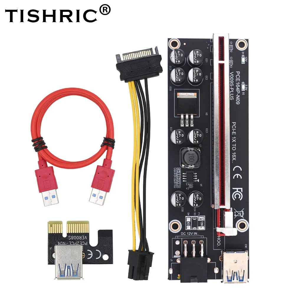 

100Pcs TISHRIC NEW VER009S Plus PCIE PCI-E PCI Riser Card SATA 1X to 16X 6Pin USB 3.0 Cable Express Adapter BTC Mining Miner