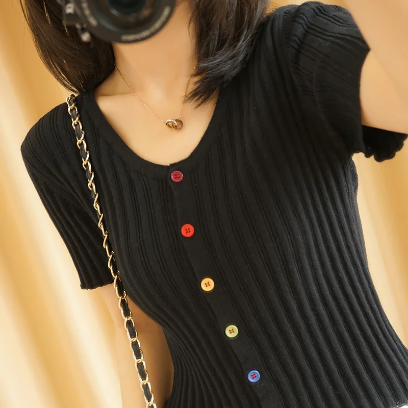 

2021 New Fashion V-Neck Pure Cotton Cardigan Slim Short-Sleeved T-Shirt Women's Summer Korean Short Stretch Thin Wild Top Jacket