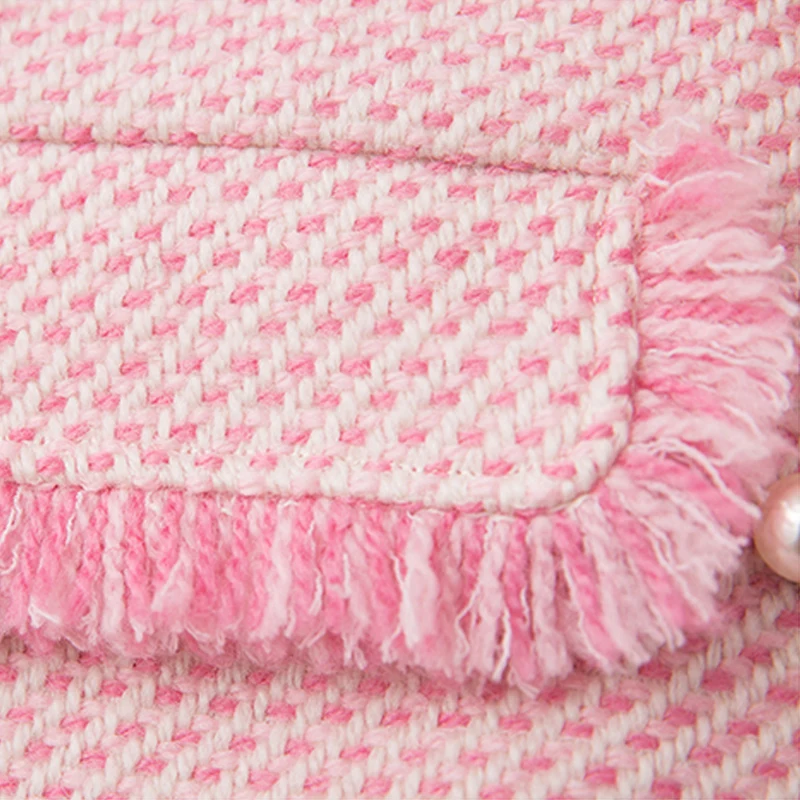 

buckle fringed side small fragrance in the long coat Pink tweed jacket 2020 autumn / winter women's jacket Coat pearl