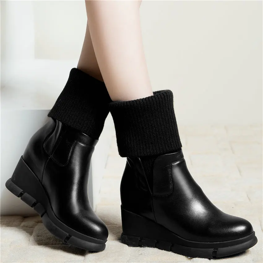 Winter Tennis Shoes Women Cow Leather Wedges High Heel Round Toe Platform Pumps Knitting Hight Top Fashion Sneakers Casual | Обувь