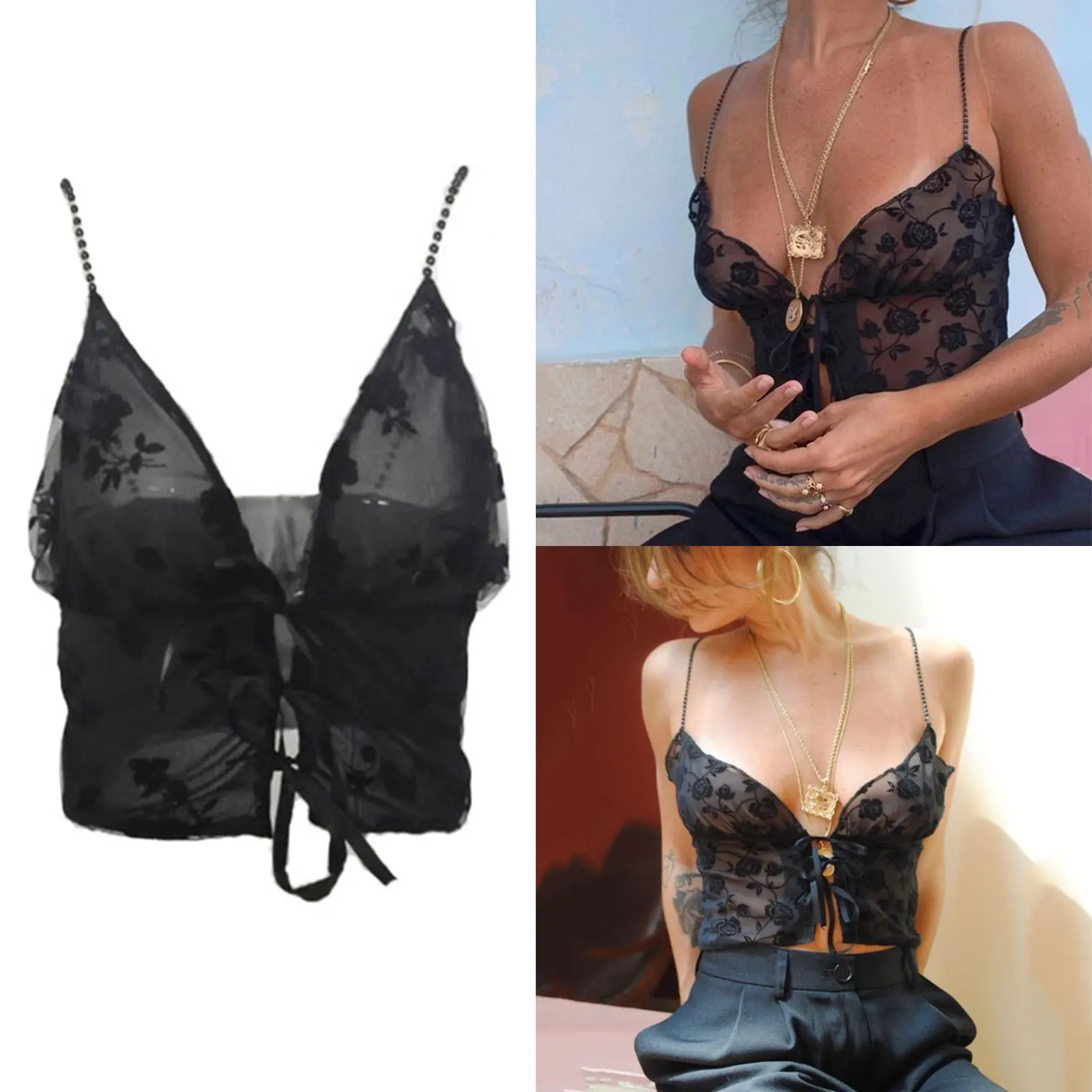 Женские пикантные укороченные топы на бретельках прозрачная сетчатая Цветочная