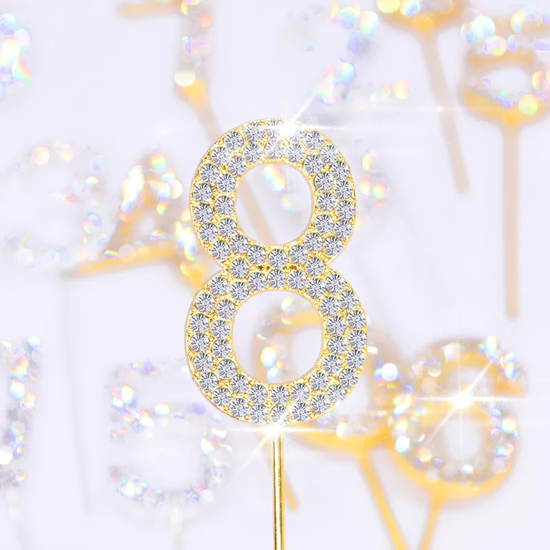 

1Pc Glitter Alloy Rhinestone Number Cake Toppers Baby Shower Birthday Decoration Wedding Gold Silver Digital Cakes Dessert Decor
