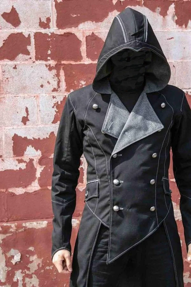 

Men Jackets Cool Steampunk Long Tuxedo Fashion Patchwork Full Sleeve Asymmetrical Hem Jackets Male Coloblock Gothic Hooded Coats