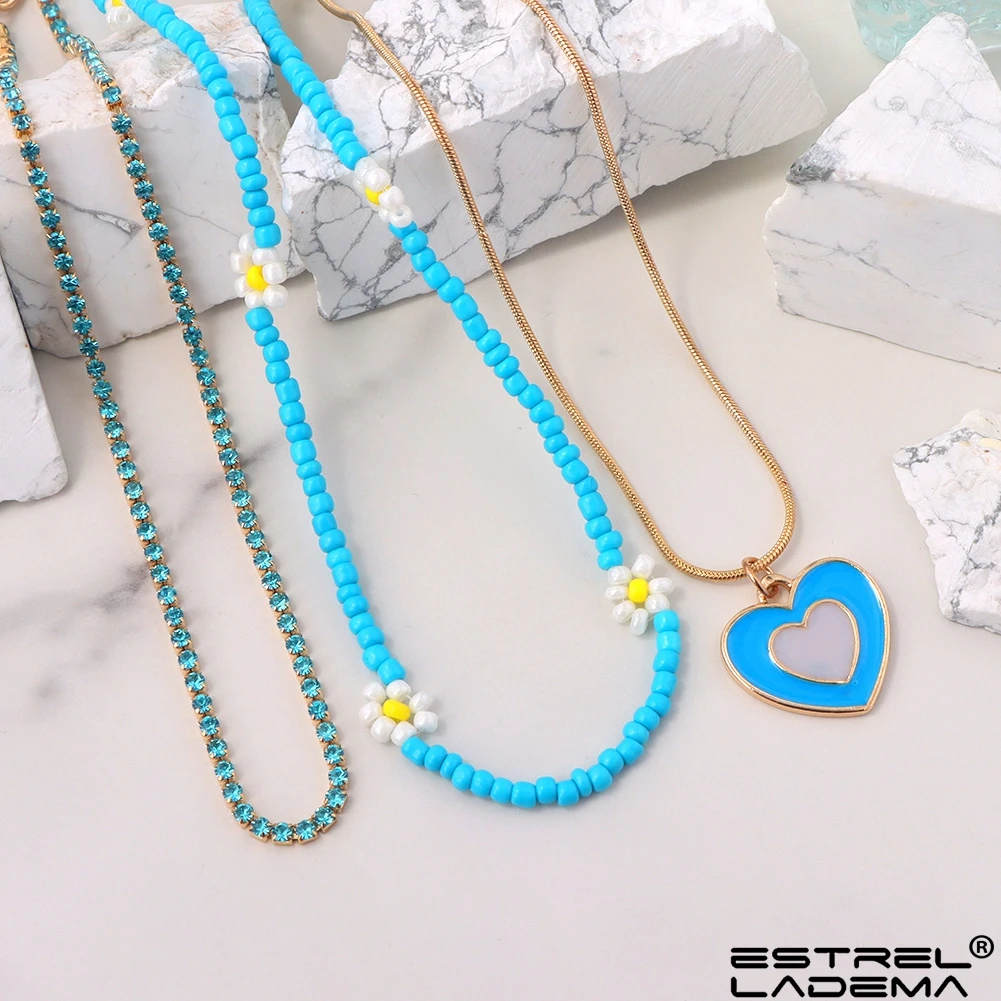 

Multilayer Blue Heart Flower Seed Beads Strand Necklace For Women Boho Handmade Daisy Beaded Crystal Chain Necklaces New Jewelry