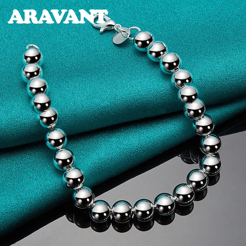

925 серебро 8 мм Гладкая бусина браслет для женщин ювелирные украшения