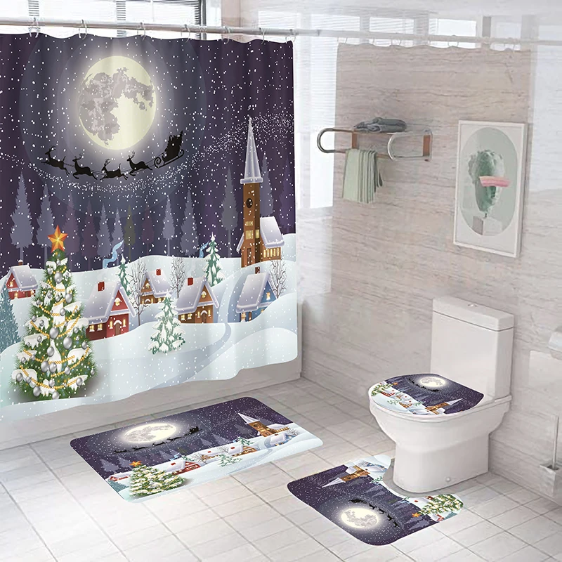 

Bathroom Curtain Set Merry Christmas 4pcs Christmas tree Waterproof Shower Curtain Toilet Cover Mat Non Slip Rug Home Decor