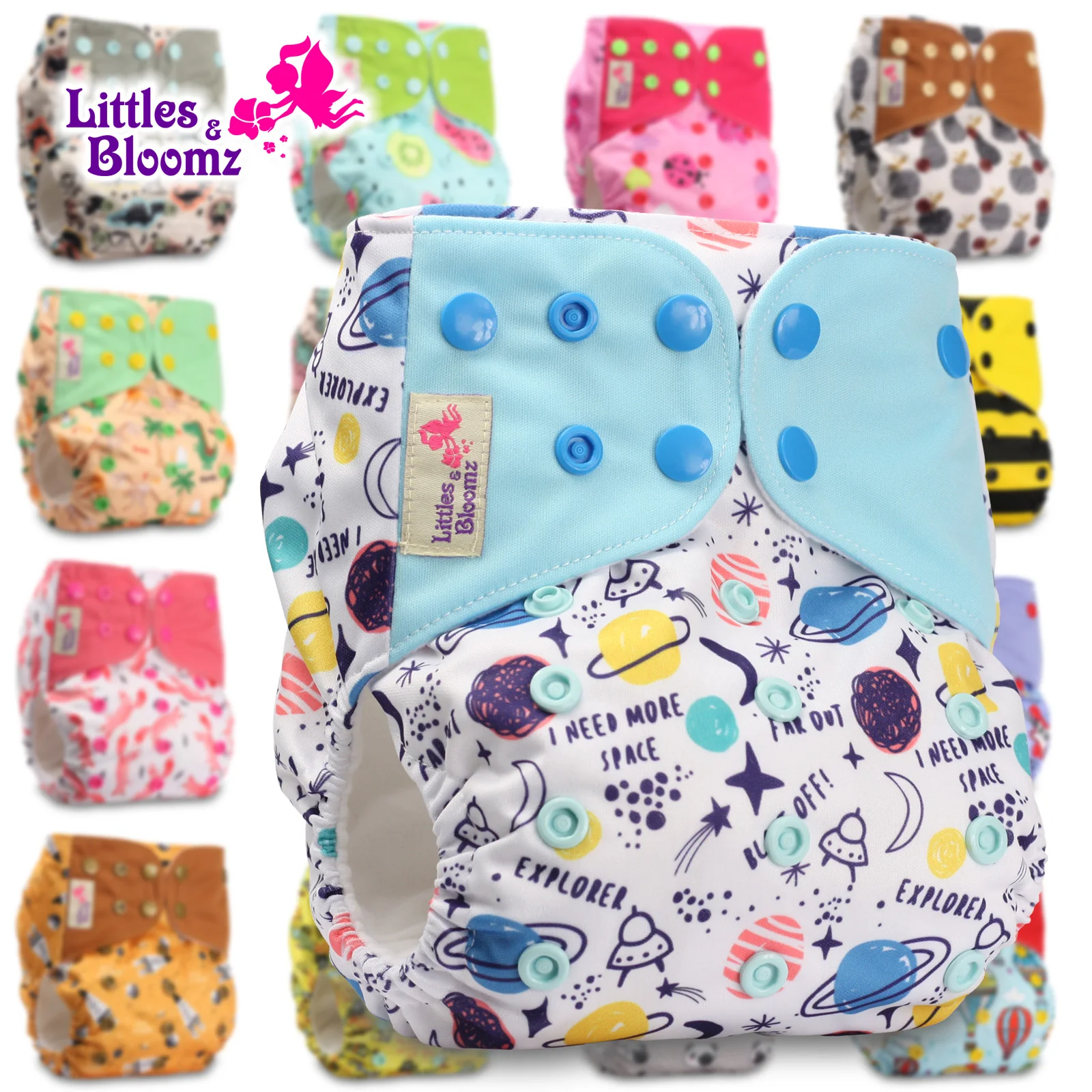 Littles & Bloomz Set of 5 Without Insert Patterns 504 Fastener: Hook-Loop Reusable Pocket Cloth Nappy