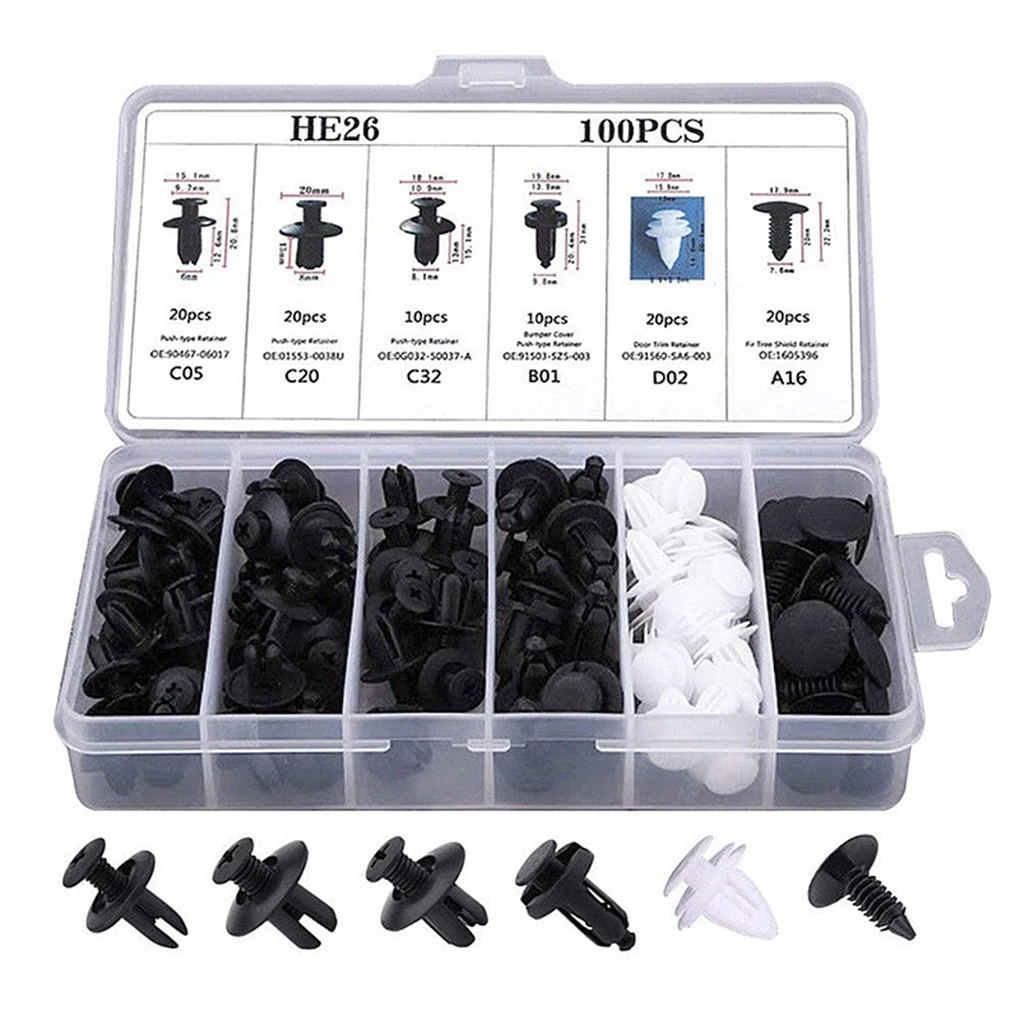 

6 Size 100pcs Universal Mixed Auto Fastener Car Bumper Clips Body Push Retainer Pin Rivet Door Trim Panel Retainer Fastener Kit