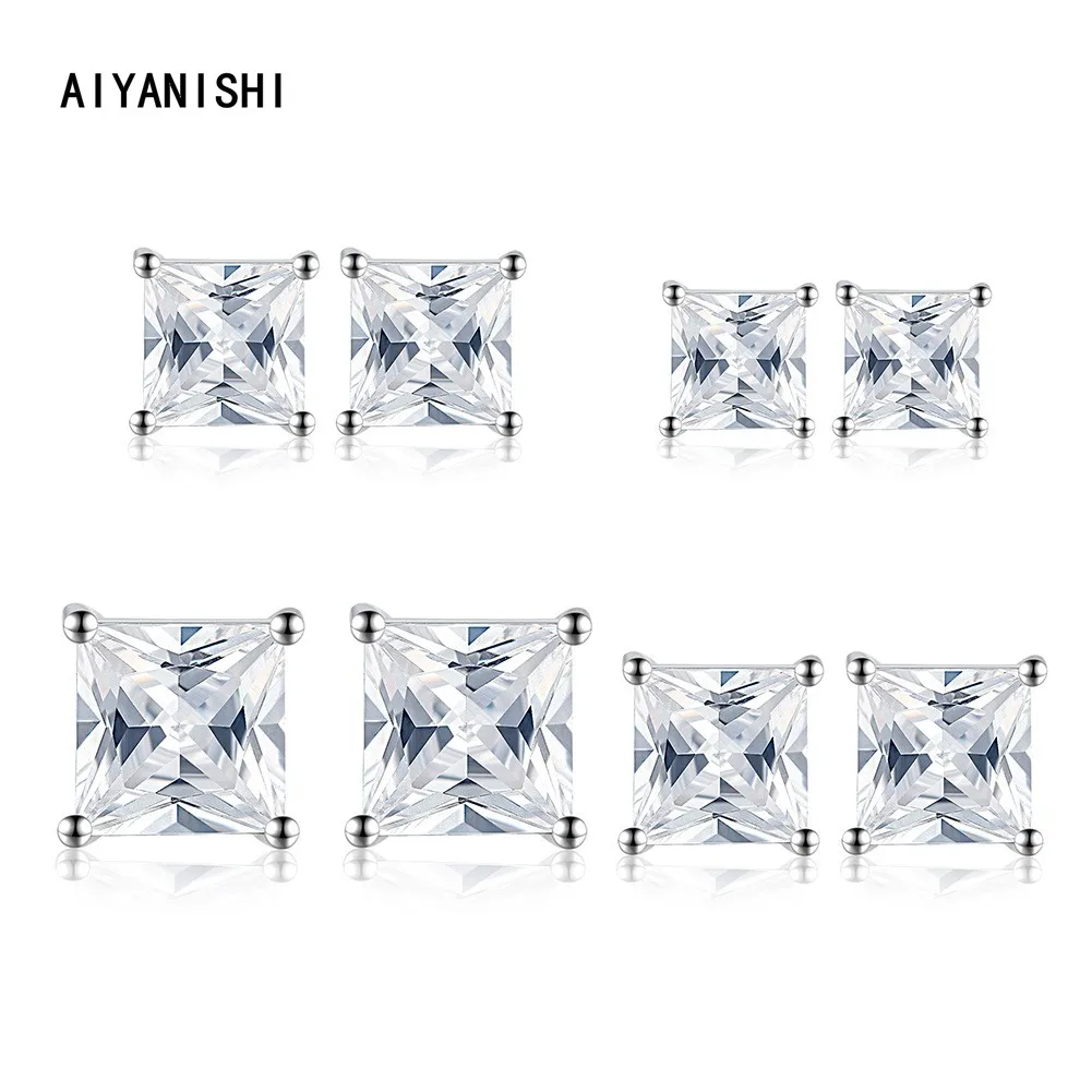

AIYANISHI 925 Sterling Silver 3/4/5/6mm Princess Stud Earrings Woman Jewelry Wedding Engagement Silver Stud Earrings Party Gifts