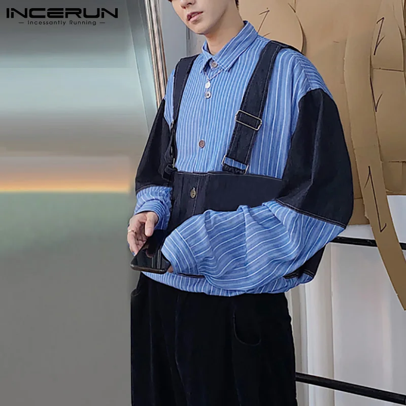 

Рубашка мужская INCERUN, на пуговицах, с длинным рукавом, 2021, 5XL, повседневная, уличная, в стиле пэчворк, полосатая рубашка