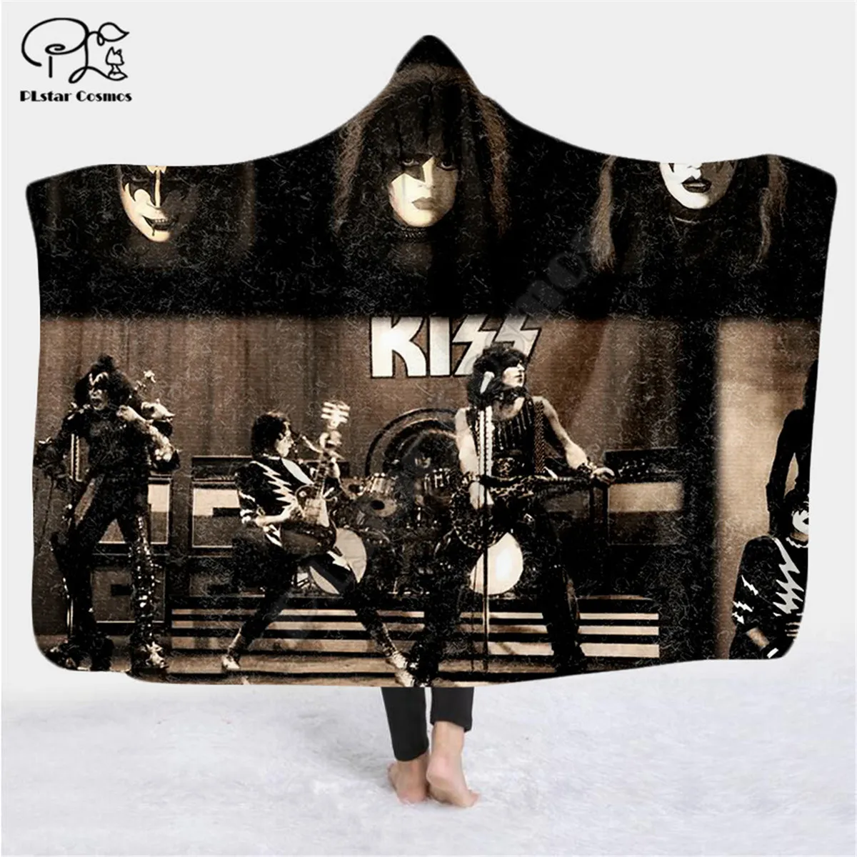 

Classic Kiss 3D printed Hooded Blanket Adult child Sherpa Fleece Wearable Blanket Halloween Warm Decoration Style-3