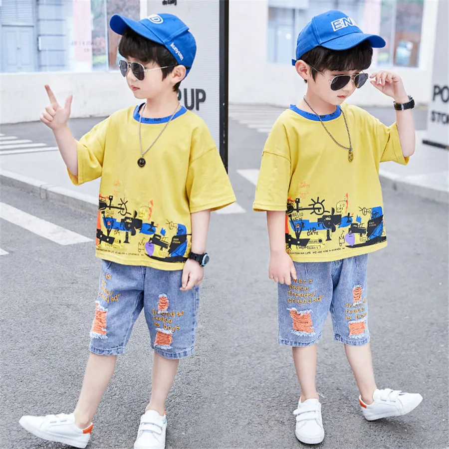 Children Clothing 2020 Summer Teen Boys Clothes Print 2pcs Outfit Suit Kids Tracksuit For Girl Sets 6 8 10 11 12 Year | Детская одежда