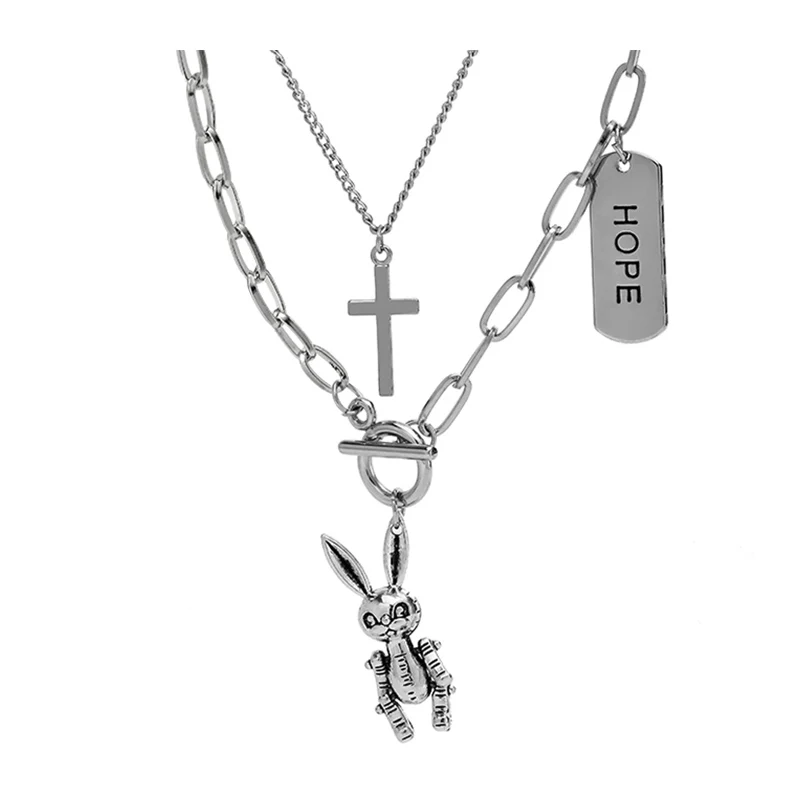 

Multilayer Stainless Steel Necklace Vintage Punk Cross bad bunny Pendant collier For Women men Hiphop Jewelry Girl Cool collares