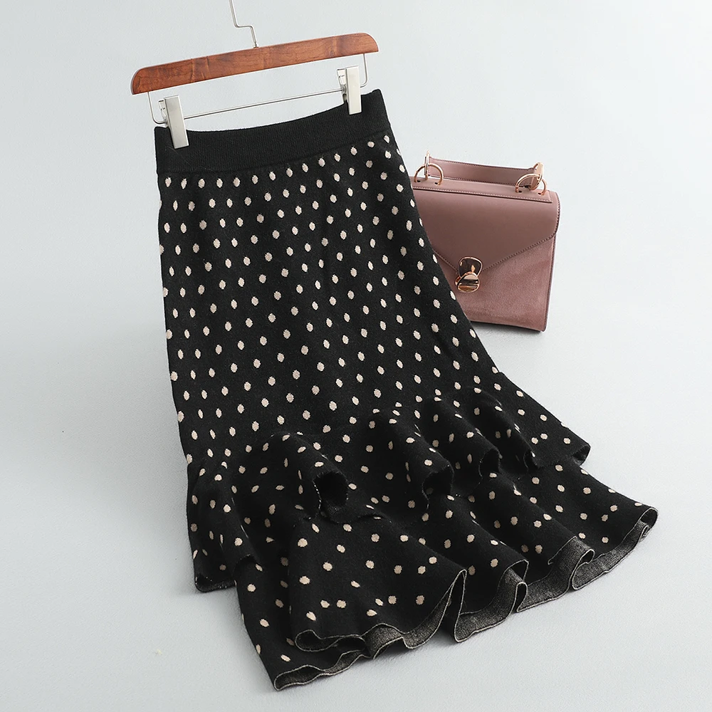 

2020 High Waist Vintage Knitted Dots Print Winter Bodycon Midi Women Autumn Mermaid Skirt Faldas Jupe Femme Saia