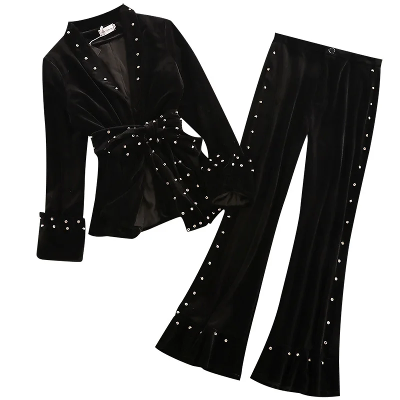 Осенний костюм 2019 новый темперамент и декоративной жемчужной отделкой куртка +