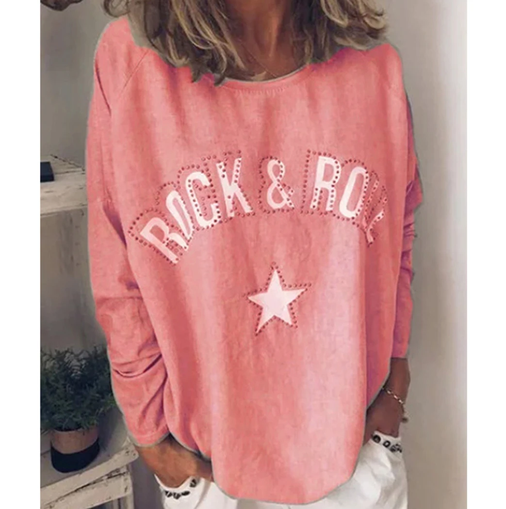 Vintage Harajuku Outwear T-Shirts For Women 2019 Autumn Winter Rhinestone Letter Printed Solid T-Shirt Casual Tees Top Femme | Женская