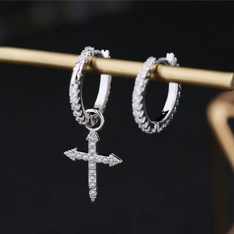 

925 Sterling Silver Mosaic Cubic Zircon Cross Pendant Earrings For Women Asymmetric Hoop Earrings Fashion Jewellery 2021 New