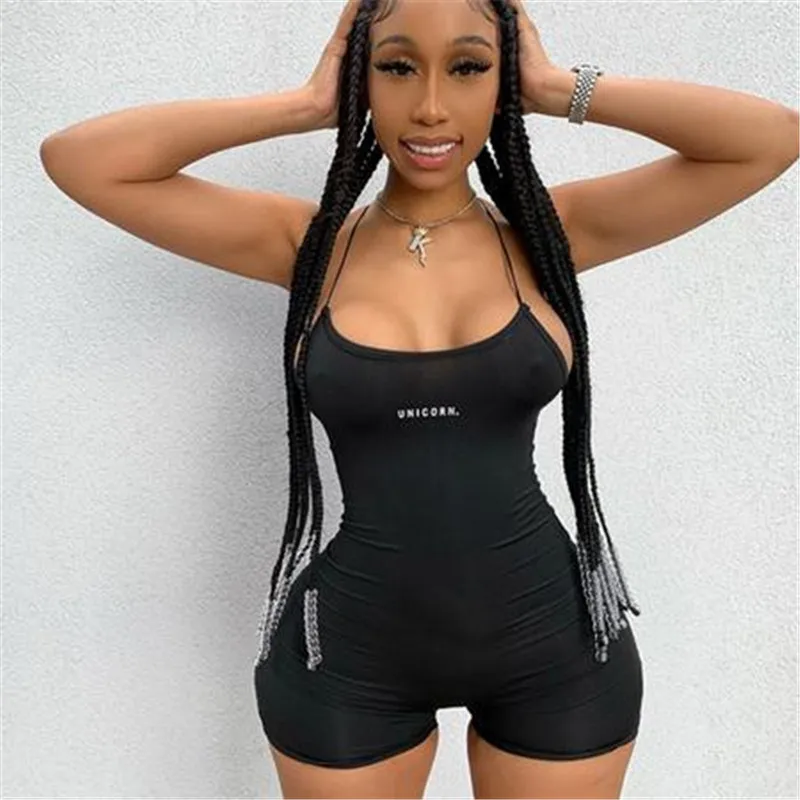 

Women Sleeveless Rompers New Black Letter Print Casual Shorts Jumpsuit Female Summer Slim Fit Playsuit Femme Sexy Hot Bodysuit