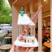 2022 new 480ml milk carton shape glass with straw and coaster creative christmas gingerbread cup milk glass gift for friends