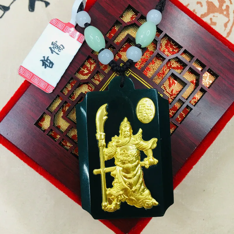 

Zheru natural Hetian jade pendant inlaid with gold Guan Gong pendant With green bead necklace send the national inspection cert