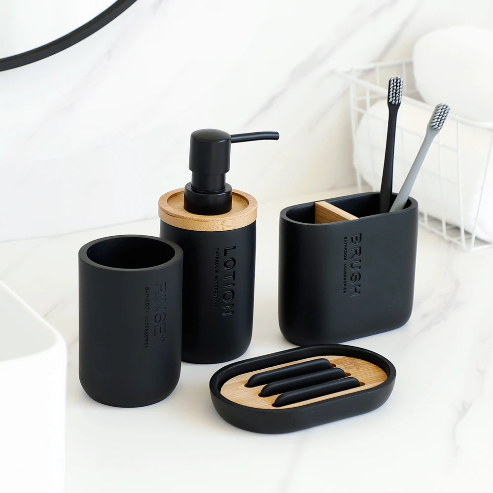 

Bathroom Accessories Set Designer Soap Lotion Dispenser Toothbrush Holder Soap Dish Tumbler or Pump Bottle Cup Black and White