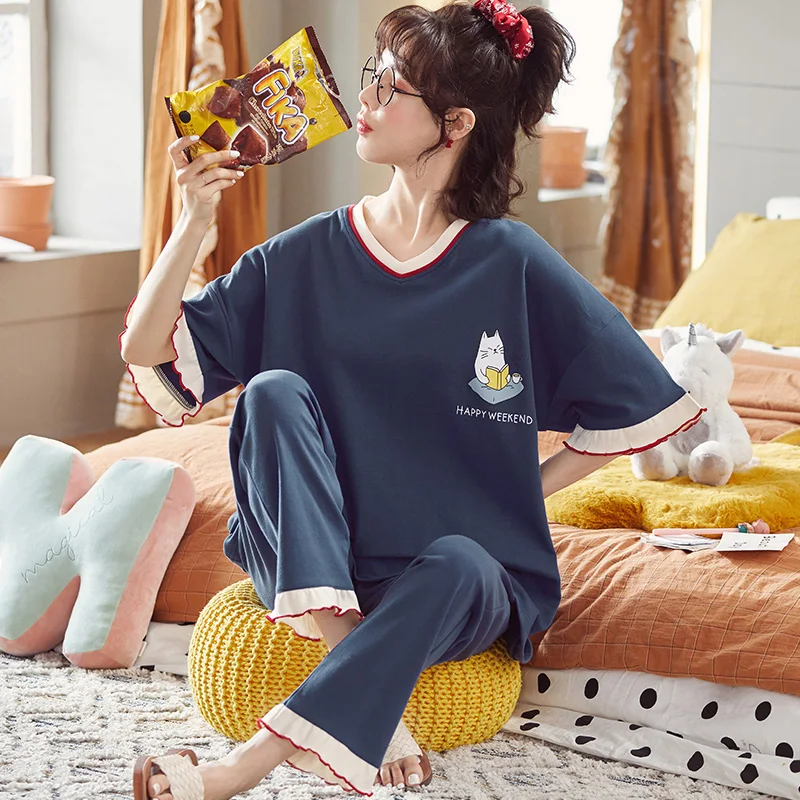

Cute Print Pajamas Women 2 Pieces Sets Soft Cotton Top Elastic Waist Long Pants Nightwear Pijama mujer 100kg Plus Size 4XL 5XL