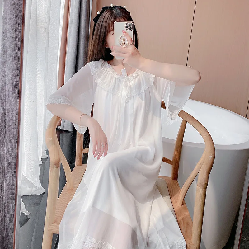 New Palace Style Nightdress Women's Summer Short Sleeve Korean Sexy Dress Lace Nightgown with Bra Home Skirt Lady Sleepwear