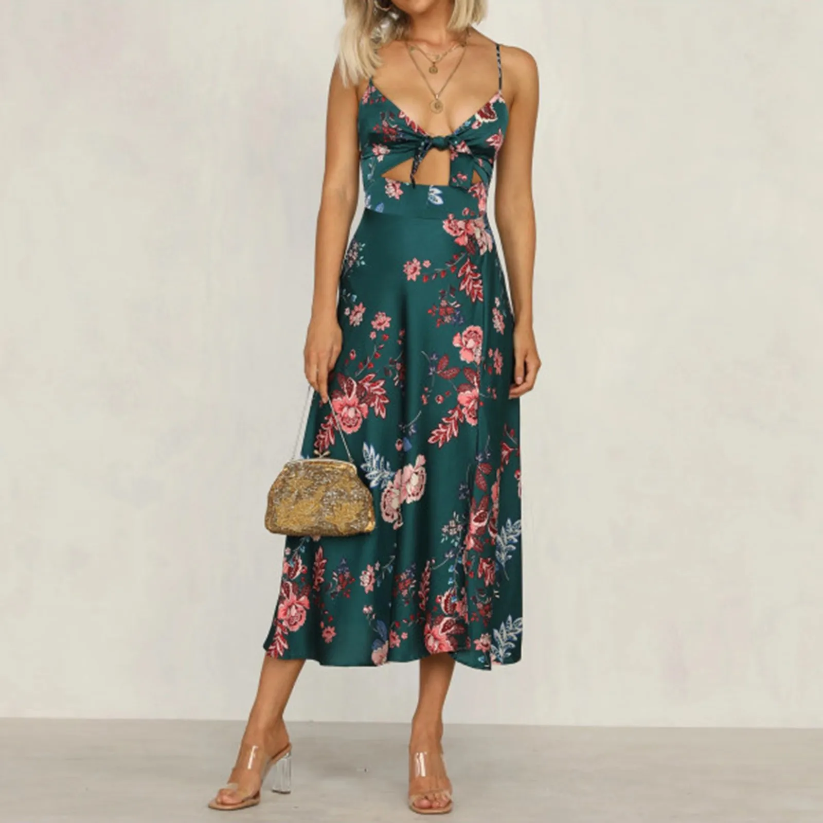 

Long dress with bow print and elegant V-neck Women V-Neck Elegant Bow Prints Long Dress Party Dress Spaghetti Strap Dress