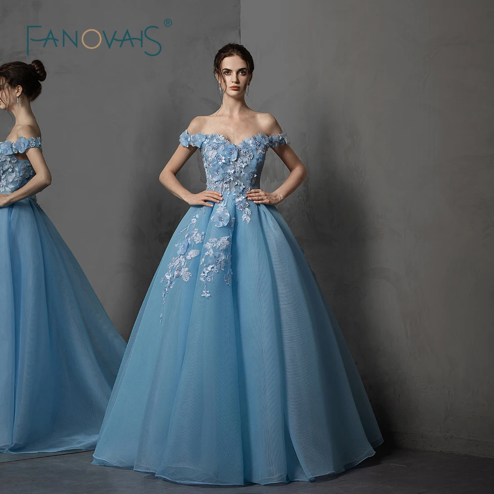 &quotСиний с плеча вечерние платья длинные 3D цветы выпускного вечера 2019 vestidos de fiesta