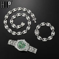 hip hop 13mm 3pcs kit watchnecklacebracelet coffee bean bling crystal aaa iced out chains for women men jewelry
