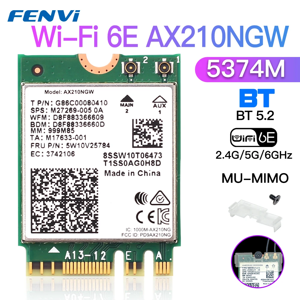 

5374Mbps Intel AX210 WiFi 6E M.2 NGFF Wireless Card For Bluetooth 5.2 2.4G/5G/6Ghz WiFi Card 802.11AX WiFi 6 AX200NGW For Win10