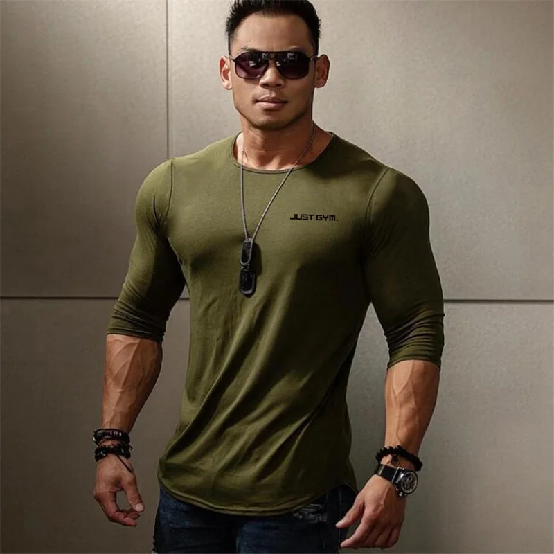 Muscleguys для бодибилдинга с длинным рукавом Футболка мужская брендовая одежда Повседневная футболка с буквенным принтом мужские топы рубашки стрейч футболка с круглым вырезом