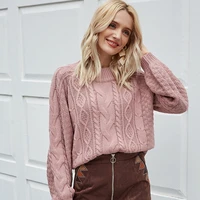 fashion solid cable autumn winter 2020 new ladies knitted sweater women o neck full sleeve loose pullovers top brown red pink