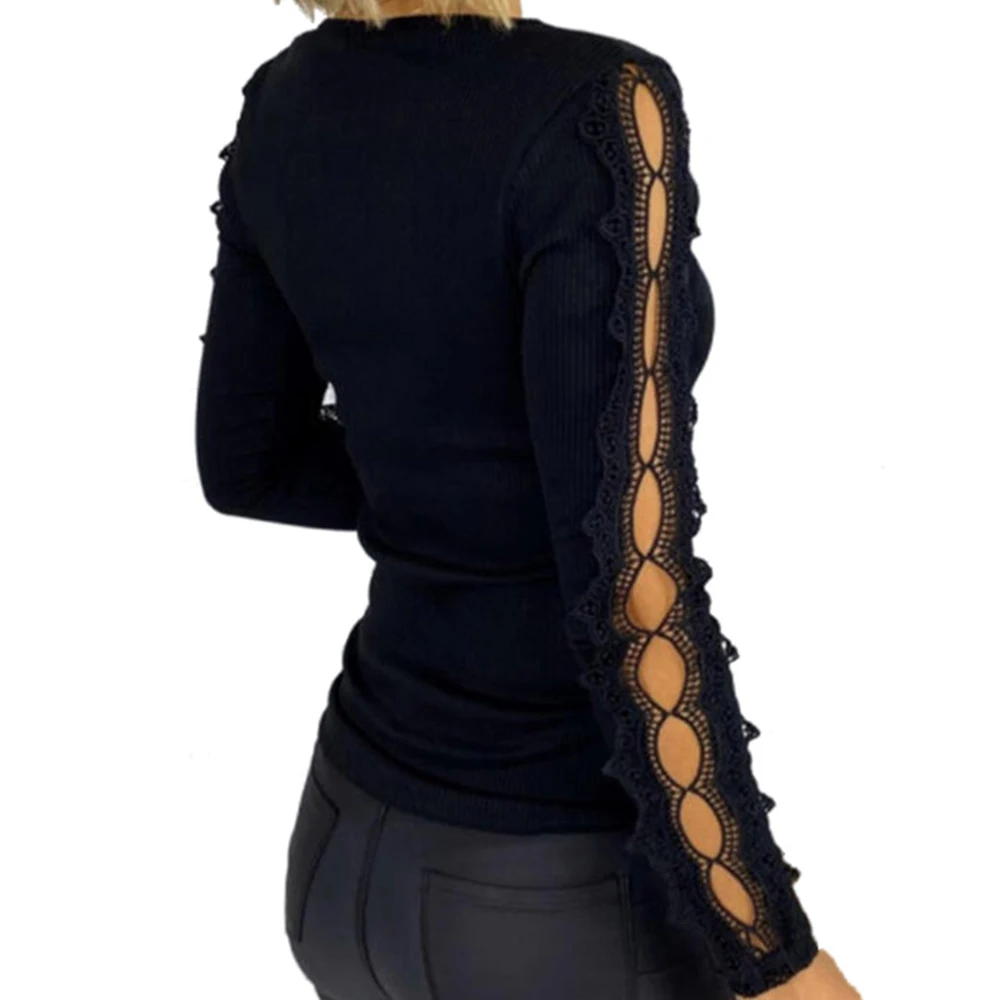 

VICABO 2020 Women's Sweater Black Lace Hollowing Out Long Sleeve Knitted Slim Ribbed Casual Jumper Pullover Black Pocket Tops