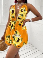 summer 2021 new womens sunflower v neck backless casual dress elegant cotton blended one piece short print princess skirt