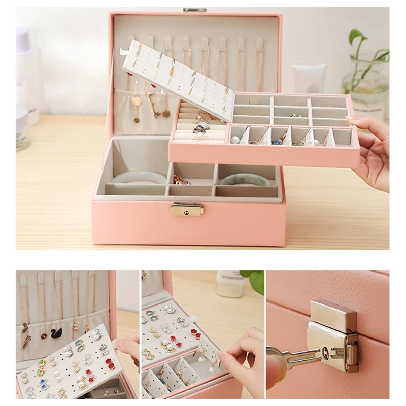 

85LF Protable Travel PU Double Layers Jewelry Box Display Organizer Earrings Rings Necklaces Storage Holder Women Girls Gifts