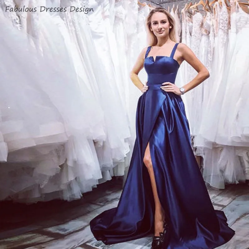 

2020 Royal Blue Long Prom Dresses A Line Boat Neck Split Evening Dress Party For Women Sweep Train Vestido De Festa