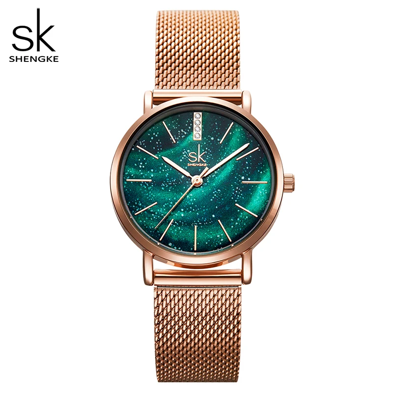 Green Shengke женские часы Звездный зеленый циферблат Reloj Mujer женские наручные часы ультра-тонкий ремешок из нержавеющей стали Кварцевые Montre Femme подарок - Цвет: Green