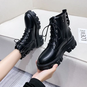 2021 Winter New Womens Casual Flat Leather Retro Boots Side Zipper Round Toe Shoes Boots Comfortable Shoes Women Combat Boots
