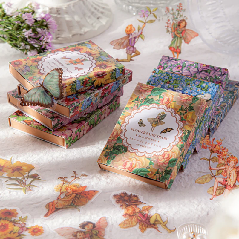 

45 Sheets/Pack Stationery Stickers Vintage Flower Waterproof PET DIY Decorat Diary For Office Supplies Label Album Scrapbooking