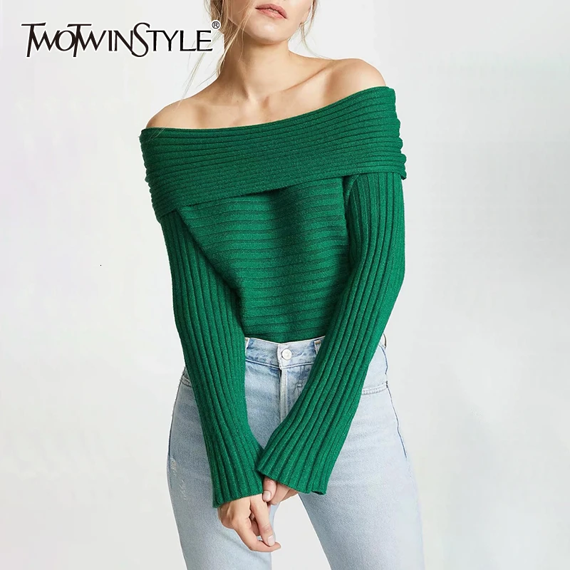 TWOTWINSTYLE пикантные полосатые вязаные свитера женские с вырезом лодочкой открытыми