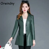 orwindny spring long leather jacket female slim fashion green blazer autumn high street suede faux leather clothing